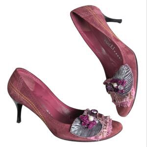 Vintage Edoardo Tulli berry dark pink suede embellished beaded heel 37 EU / 7 US